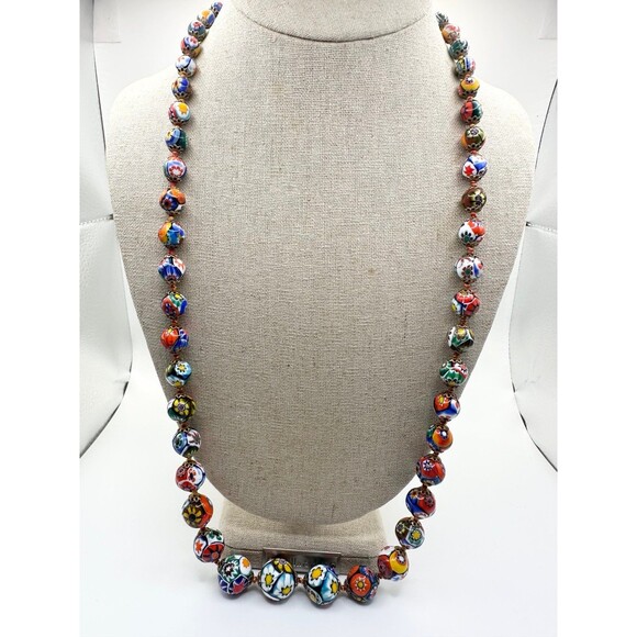 Vintage Murano Venetian Moretti Millefiori graduated glass bead Necklace 29”